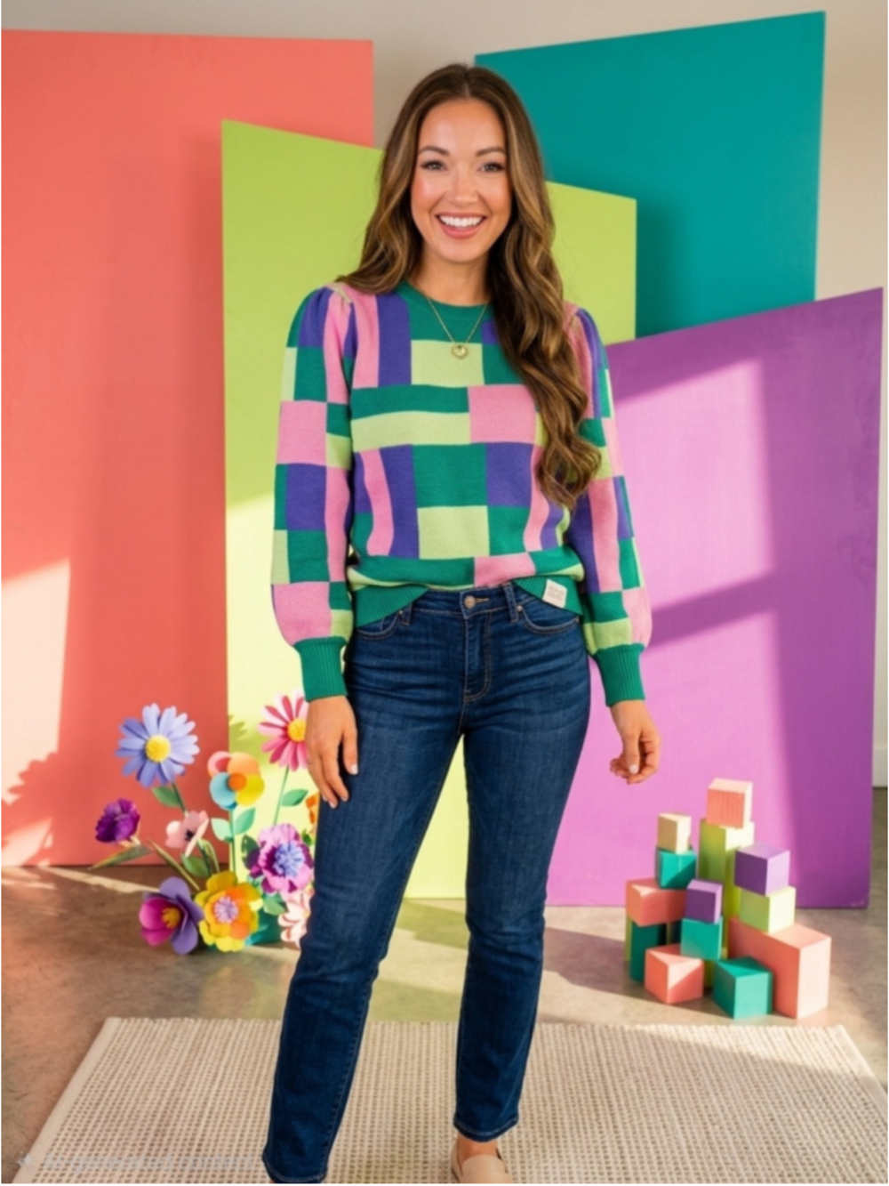Michelle McDowell Hallie Sweater Women's Large Green Pink Colorblock Crew Neck